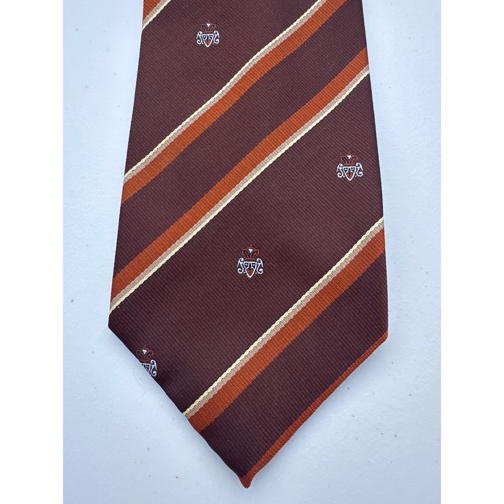 Wembley Mens Vintage Striped Crest Necktie Brown Orange‎ Wide Silk Blend Tie